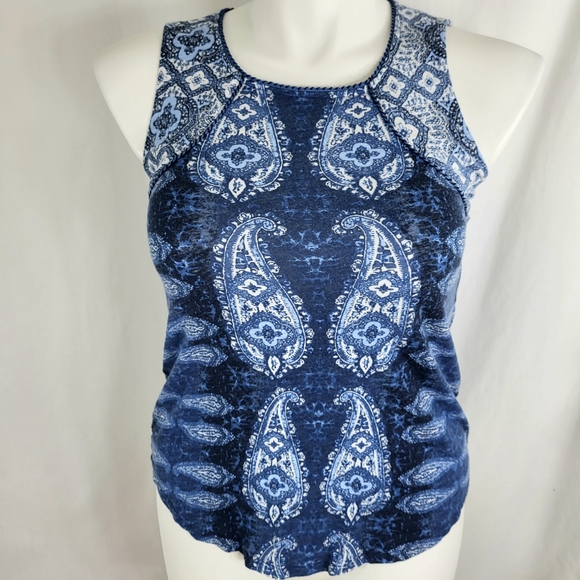 Lucky Brand Blue Paisley Tank TOP Womens Size M Sleeveless Open Triangle Back - Picture 1 of 16